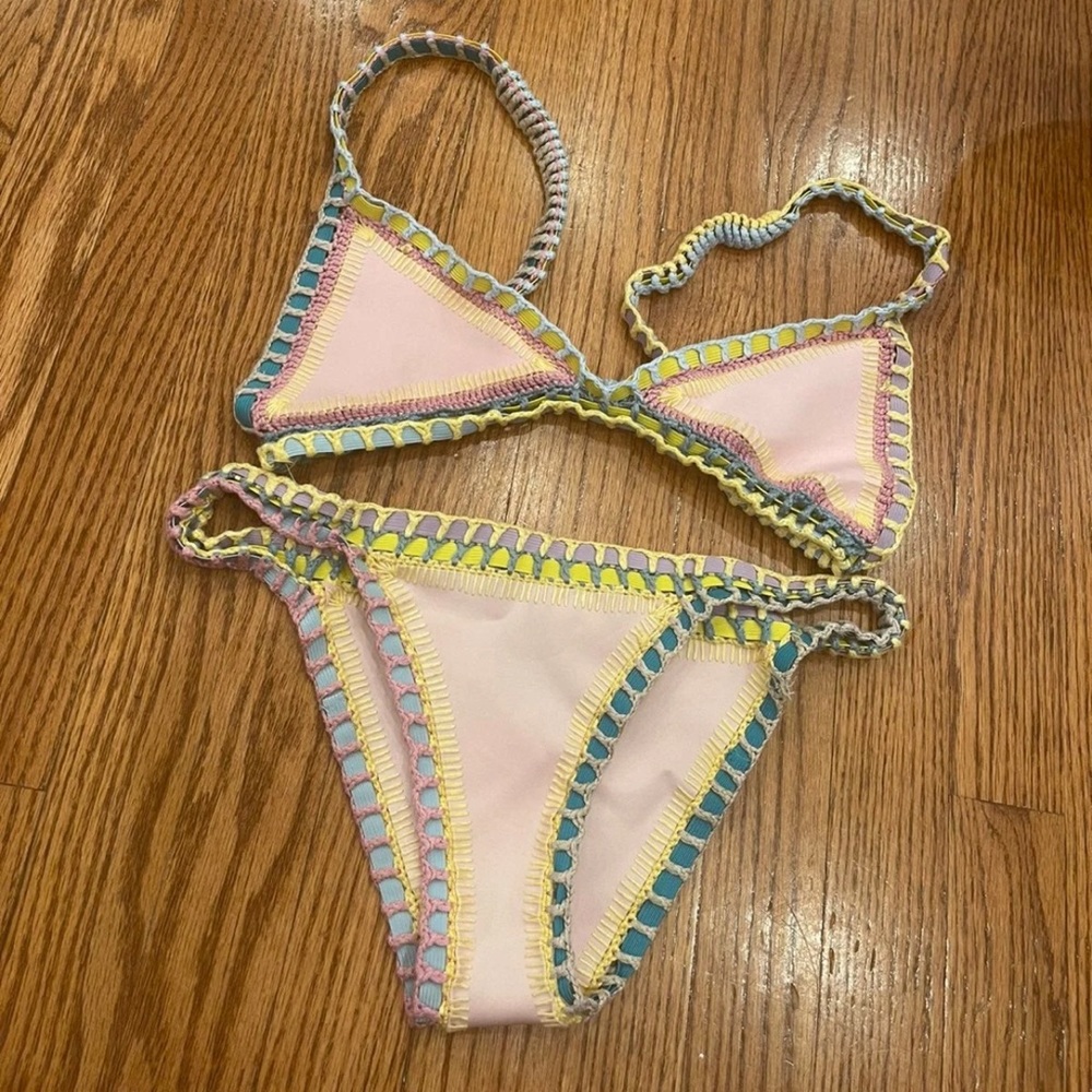 KIINI Pink and Yellow Crochet Trim Bikini